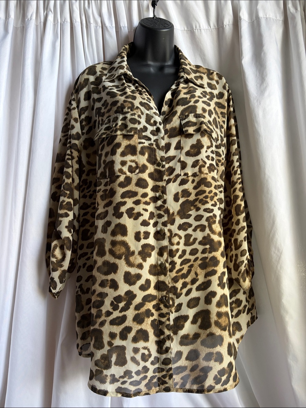 Rebecca Malone Plus Size Leopard Print Button-Up in Brown & Cream